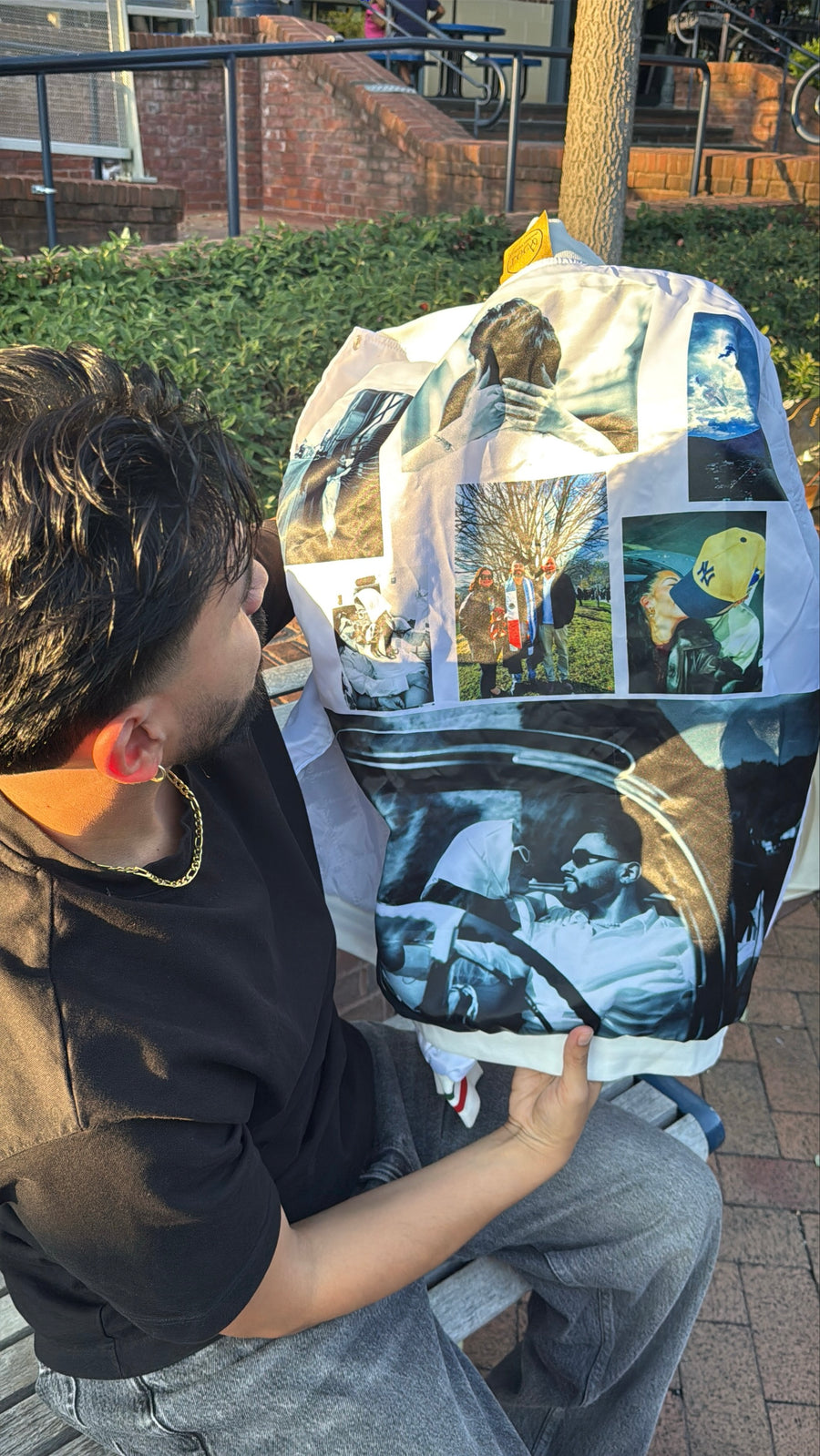 A jacket opened to reveal a custom lining filled with personal photographs